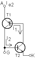 Ekvivalent tyristoru, složená ze dvou tranzistorů
