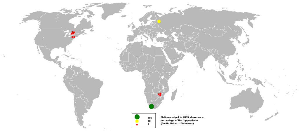 Obr. 1: Podíl producentů platiny na celosvětové těžbě. Anwar saadat at en.wikipedia [CC BY-SA 3.0 (http://creativecommons.org/licenses/by-sa/3.0)], z Wikimedia Commons