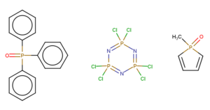 Základní struktury sloučenin fosforu: Trifenylfosfinoxid, hexachlorocyklotrifosfazen a methylfosfoloxid