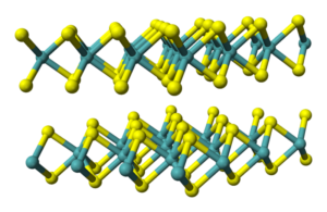 Struktura MoS2. Zdroj: https://en.wikipedia.org/wiki/File:Molybdenite-3D-balls.png